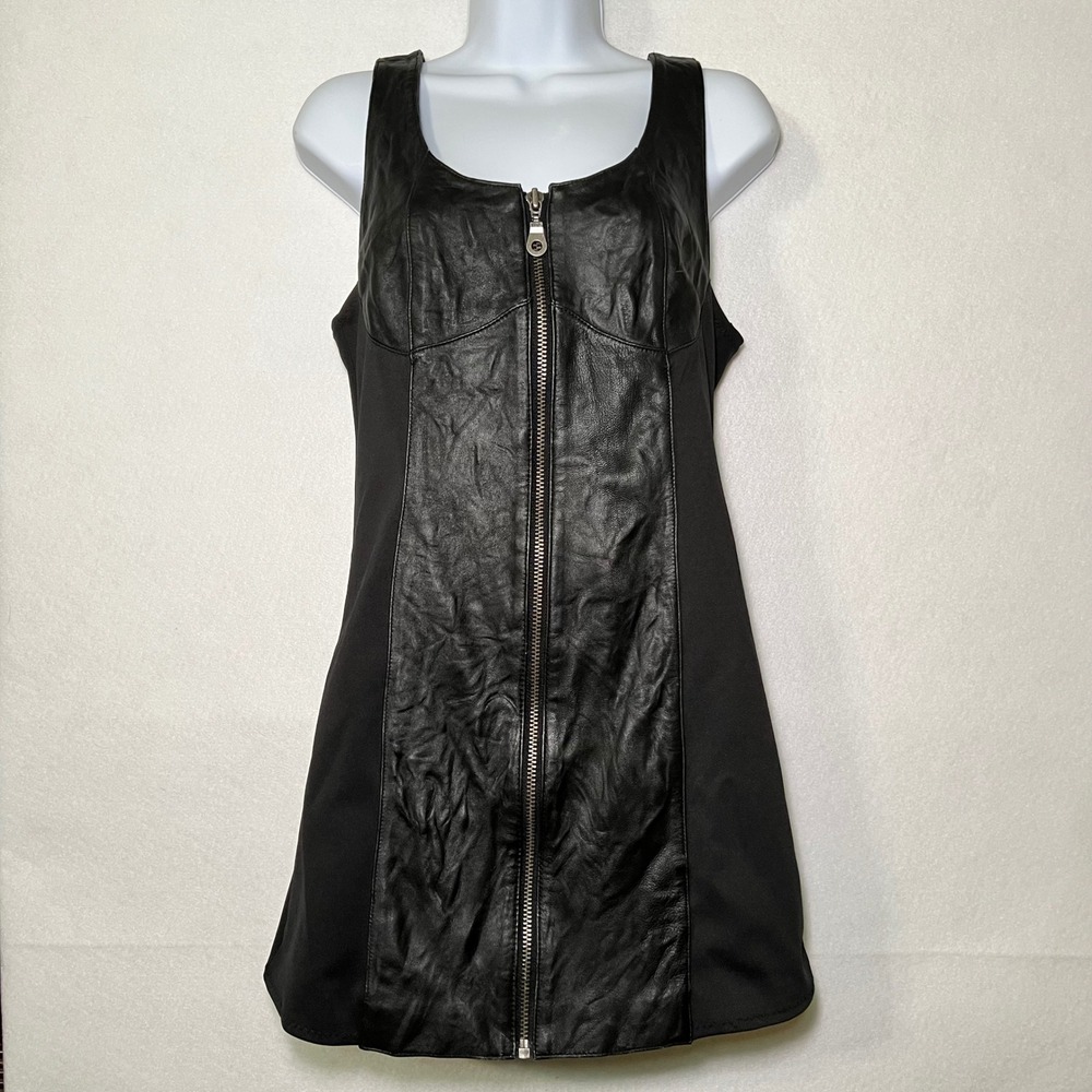 Vintage First Genuine Leather Edgy Punk Goth 90s Grunge Biker Mini Black Dress M